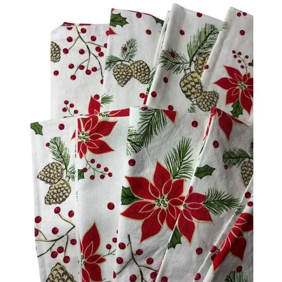 Urban Villa Christmas Cloth Napkins Set of 10 Poinsettia Pinecone Cotton Holiday - Picture 2 of 7